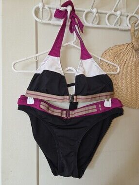 Jag Jeans Black, White & Magenta Halter Bikini with Tan Striped Band